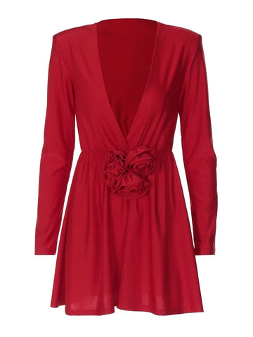 MQTIME  - 2024 Spring 3D Floral Solid Mini Casual Dress Women Sexy V Neck Padded Long Sleeve Fit Flare Party Clubwear Christmas Outfits